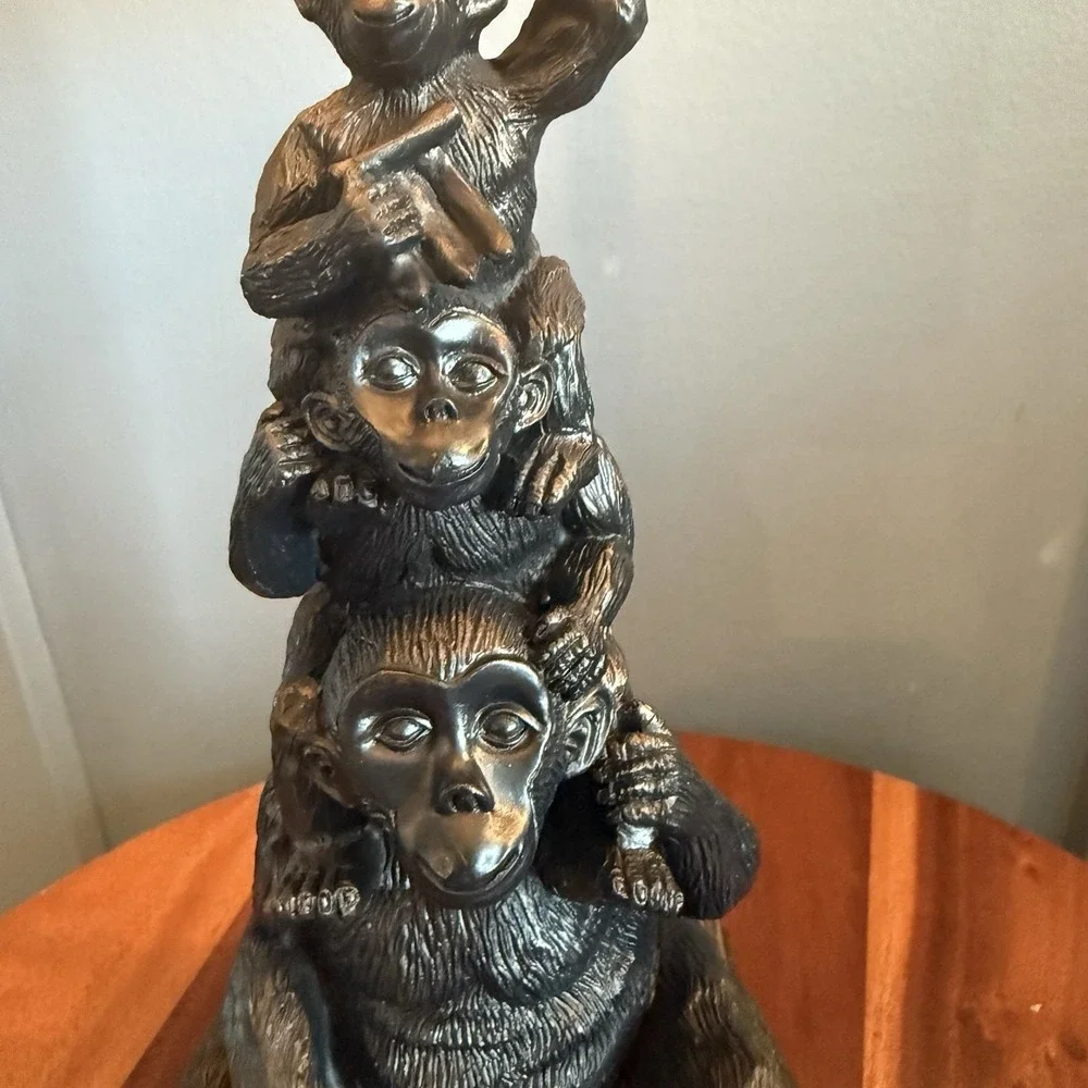 Vintage Monkey Stack Table Lamp Resin Safari Jungle Faux Leather Shade 21